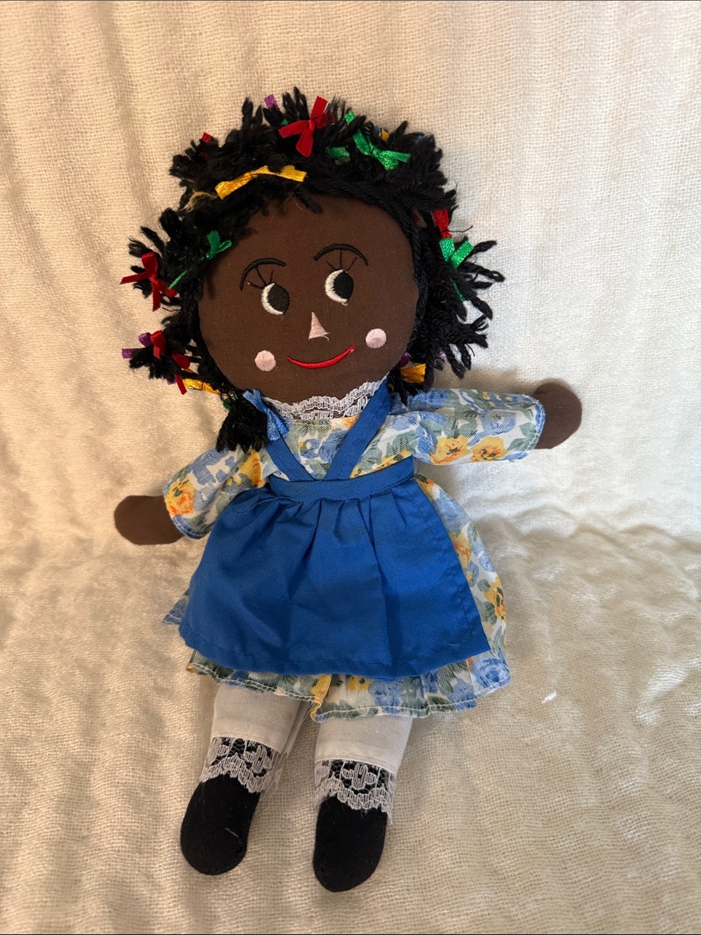 Vintage Blue Apron Floral Dress Rag Doll - Unbranded